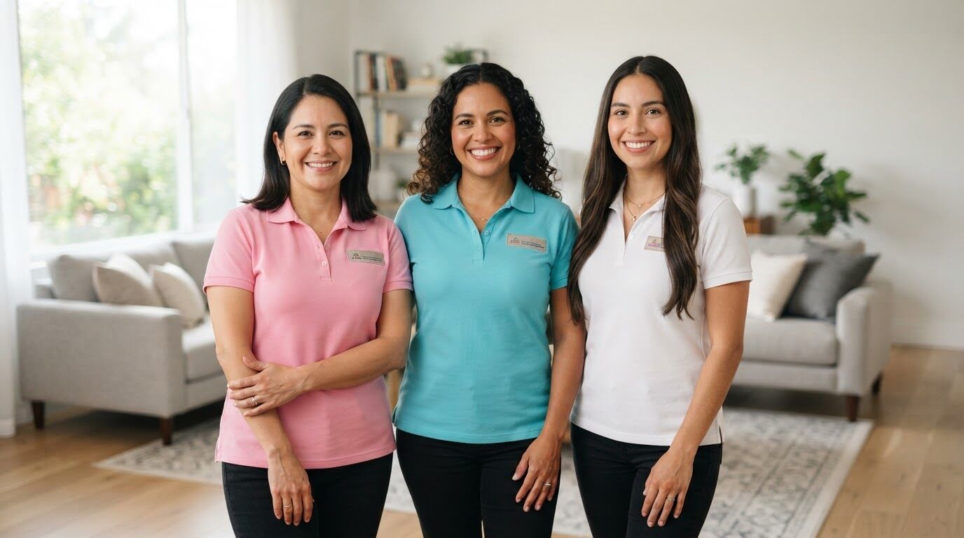 Tres integrantes del equipo de Jsamantitha's cleaning services con uniformes rosa, turquesa y blanco en una sala luminosa