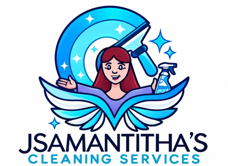 Logo de Jsamantitha's cleaning services: chica sonriente con alas, atomizador y limpiavidrios
